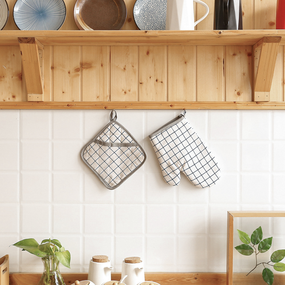 북유럽풍 투피스 주방장갑 화이트그리드 세트 냄비장갑 오븐장갑