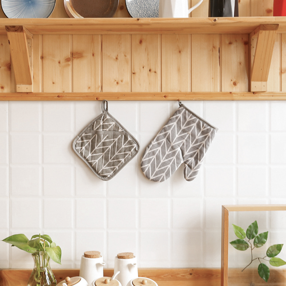 북유럽풍 투피스 주방장갑 화이트그리드 세트 냄비장갑 오븐장갑