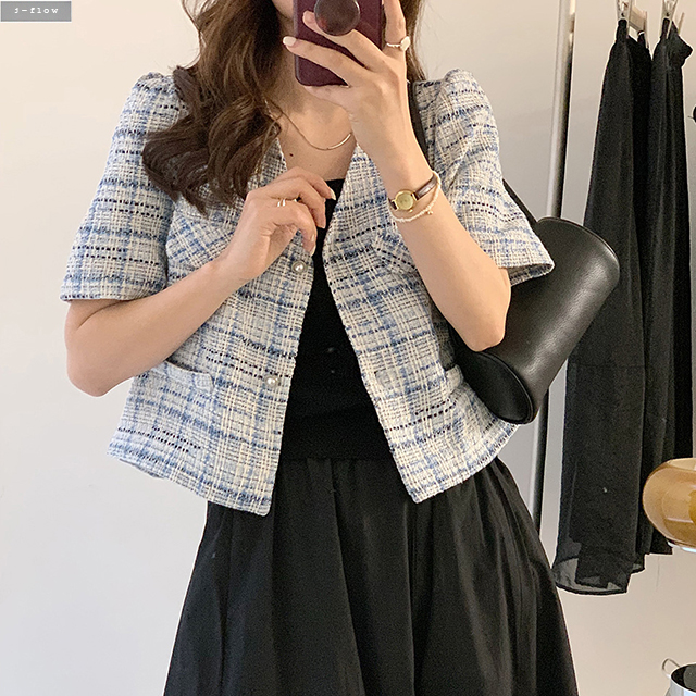 썸머 체크 트위드 진주버튼 크롭 자켓 2col 여름 루즈핏 브이넥 퍼프 하객 제이플로우 - 상세 이미지 5