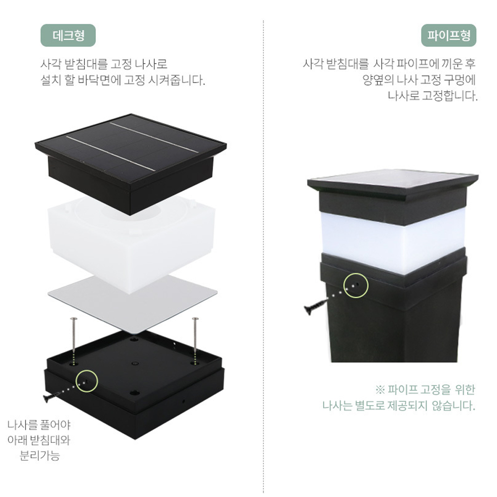 태양광 문주등 전등 데크등 잔디등 태양열 LED 정원 계단 경관 조명 사각 플러스 - 상세 이미지 2