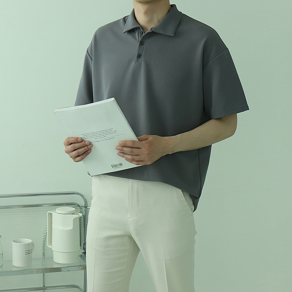 남자 반팔티 오버핏 헨리넥 카라 반팔 티셔츠 - 상세 이미지 4