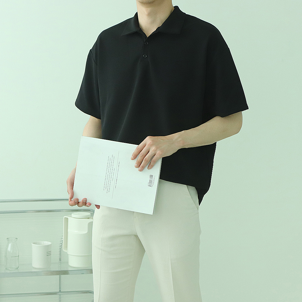 남자 반팔티 오버핏 헨리넥 카라 반팔 티셔츠 - 상세 이미지 5