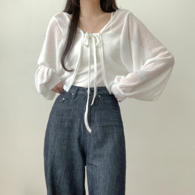 감사할인💖[MOMENT JOY/국내제작/사계절] 파우더 허그미 리본 볼레로 시스루 부클 브이넥 긴팔 크롭 니트 여름 봄 볼레로가디건 7color 상세 이미지 5