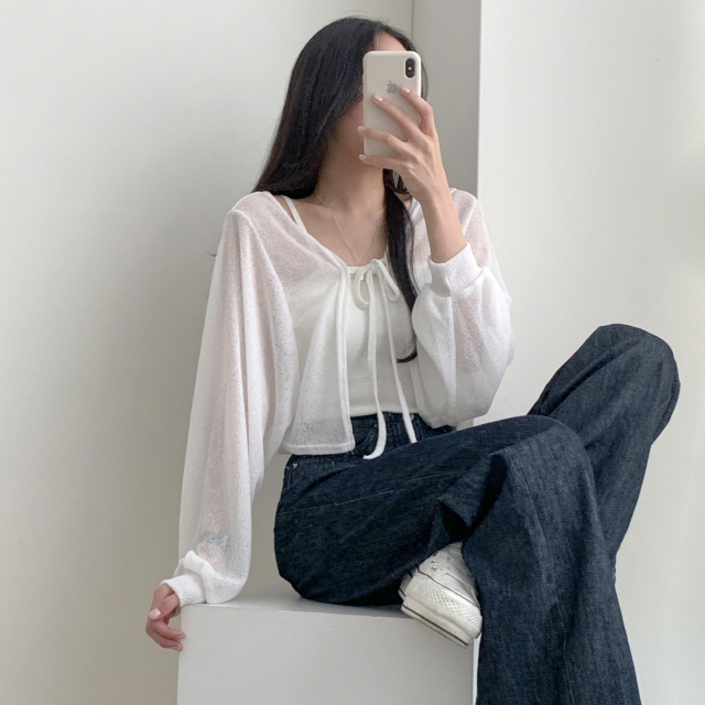감사할인💖[MOMENT JOY/국내제작/사계절] 파우더 허그미 리본 볼레로 시스루 부클 브이넥 긴팔 크롭 니트 여름 봄 볼레로가디건 7color 상세 이미지 14