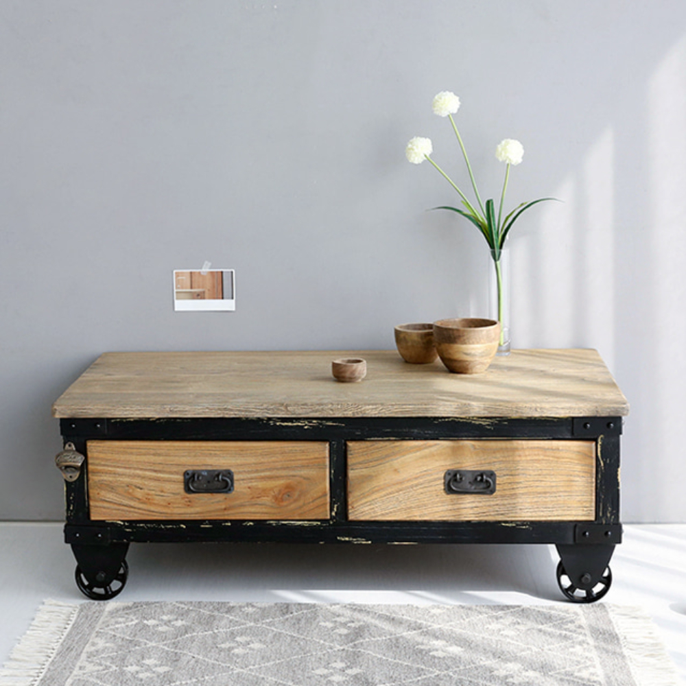 거실 소파 빈티지 원목 커피테이블 앤틱 좌식 서랍 수납 낮은 소파테이블