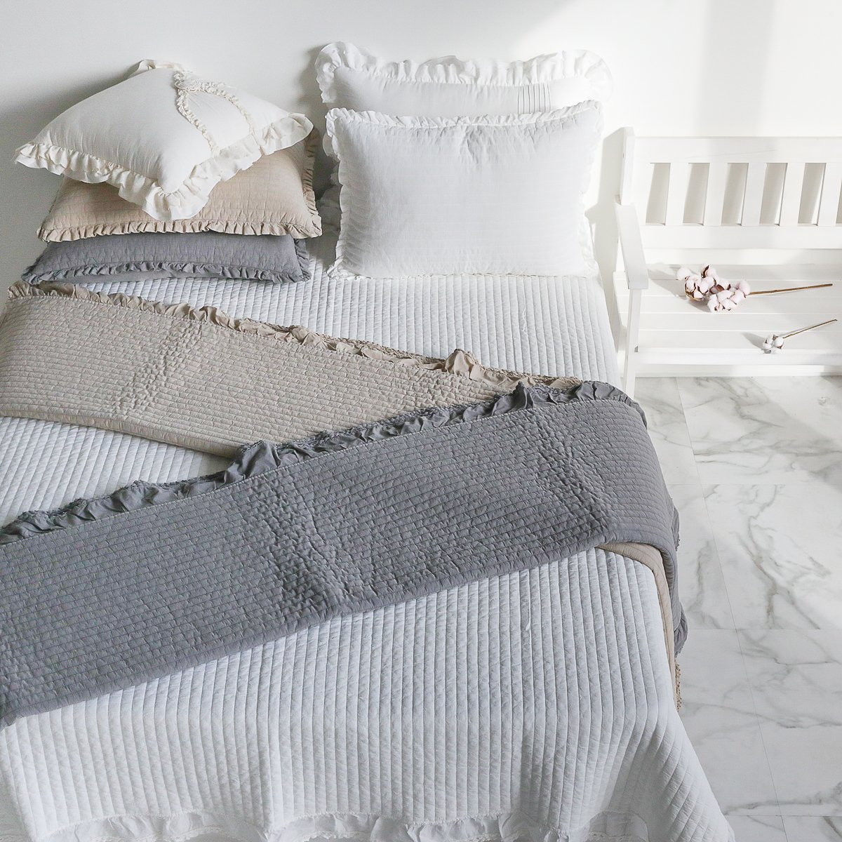 피그먼트침대패드 순면 이불패드 60수 큰골 줄누비 퀸 킹 양면