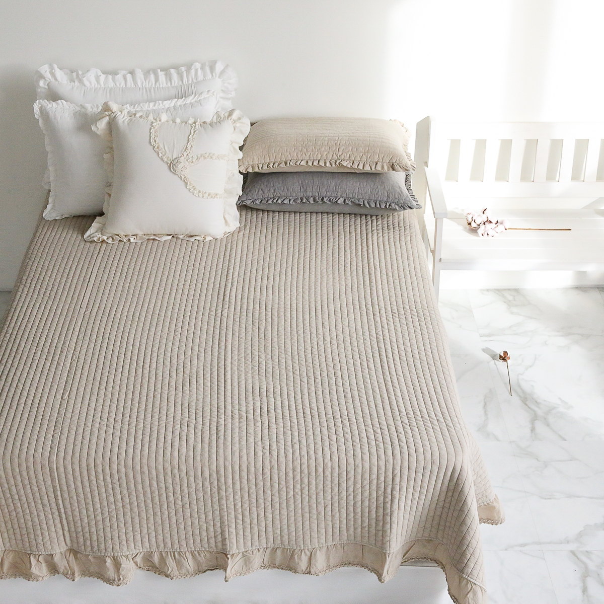 피그먼트침대패드 순면 이불패드 60수 큰골 줄누비 퀸 킹 양면