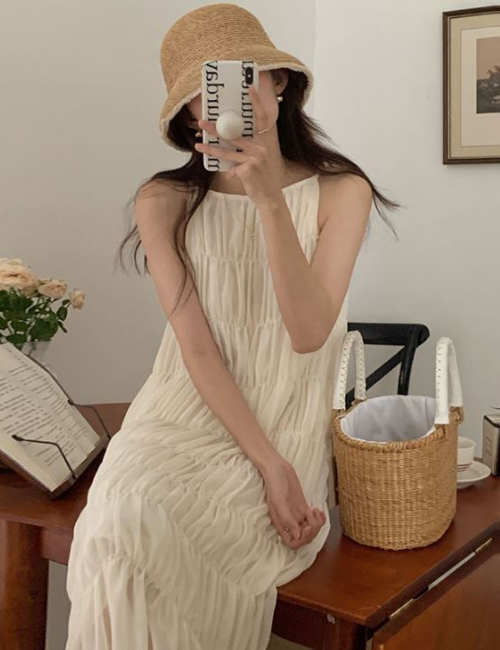 레나 플리츠 끈나시 롱원피스 뷔스티에 휴양지 원피스 - 상품 이미지