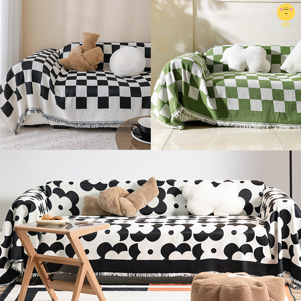 달떵 그린 화이트 체커보드 쇼파 커버 천갈이 덮개 가죽 블랭킷 커버링 패브릭180x180