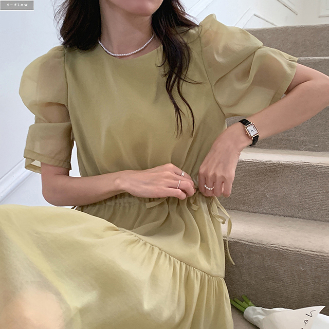 워터 쉬폰 허리 스트링 셔링 소매 롱원피스 2col 여름 시스루 A라인 로맨틱 제이플로우 - 상세 이미지 5