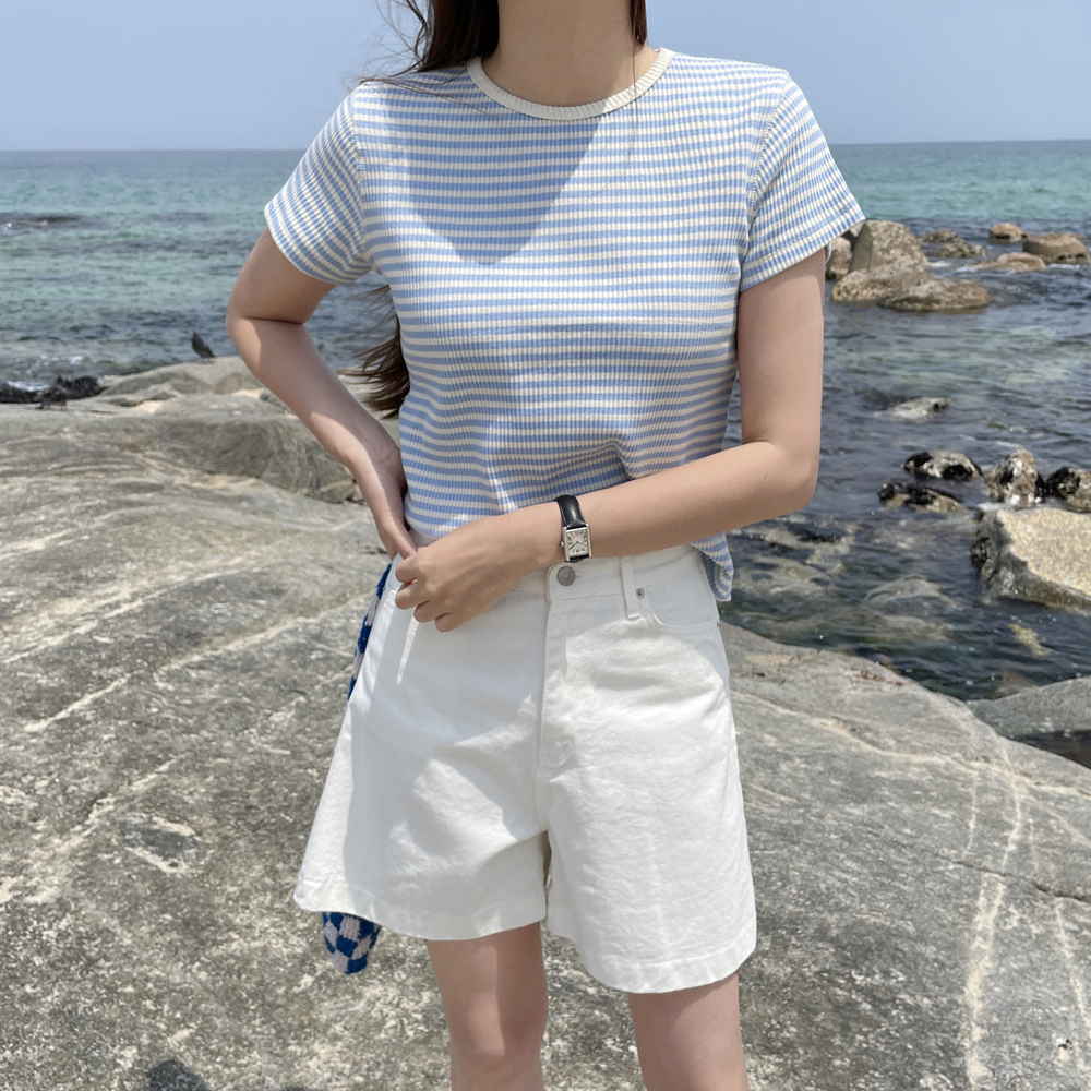 귀여운 단가라 여름 여성 티셔츠 기본 코튼 라운드 스트라이프 티셔츠 이너티 여자 반팔티