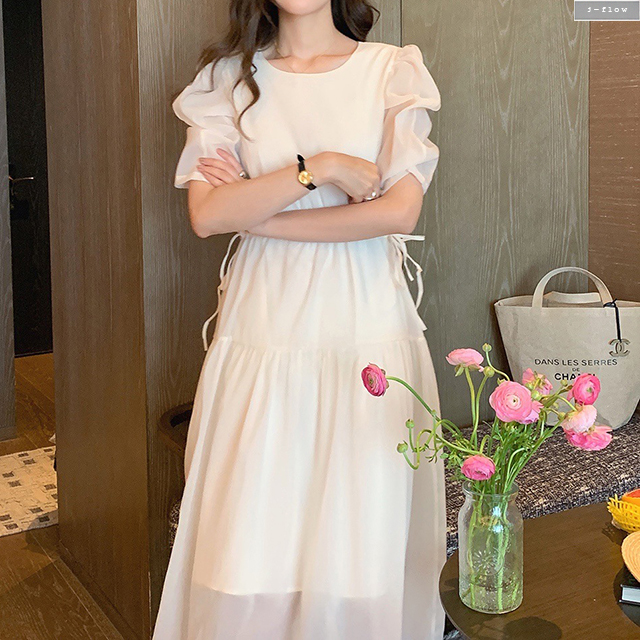 워터 쉬폰 허리 스트링 셔링 소매 롱원피스 2col 여름 시스루 A라인 로맨틱 제이플로우 이미지 6