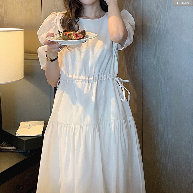 워터 쉬폰 허리 스트링 셔링 소매 롱원피스 2col 여름 시스루 A라인 로맨틱 제이플로우 이미지 8