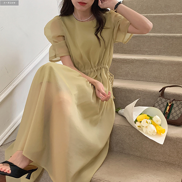 워터 쉬폰 허리 스트링 셔링 소매 롱원피스 2col 여름 시스루 A라인 로맨틱 제이플로우 - 상품 이미지