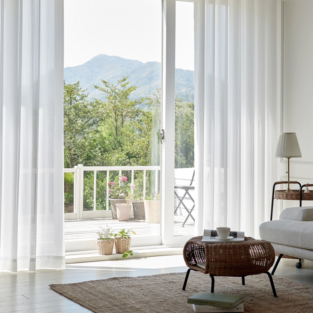 뷰하우스 스트라이프 쉬폰 나비주름 속지 맞춤커튼