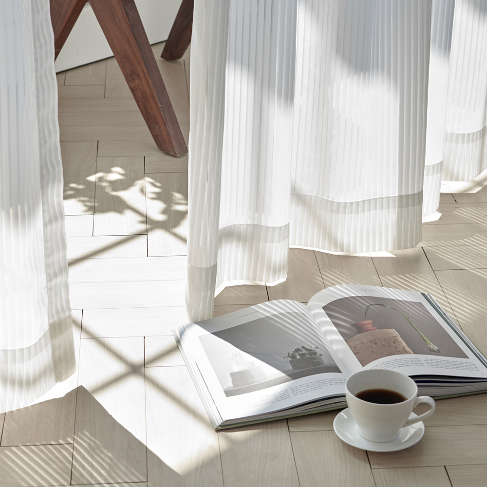 뷰하우스 스트라이프 쉬폰 나비주름 속지 맞춤커튼