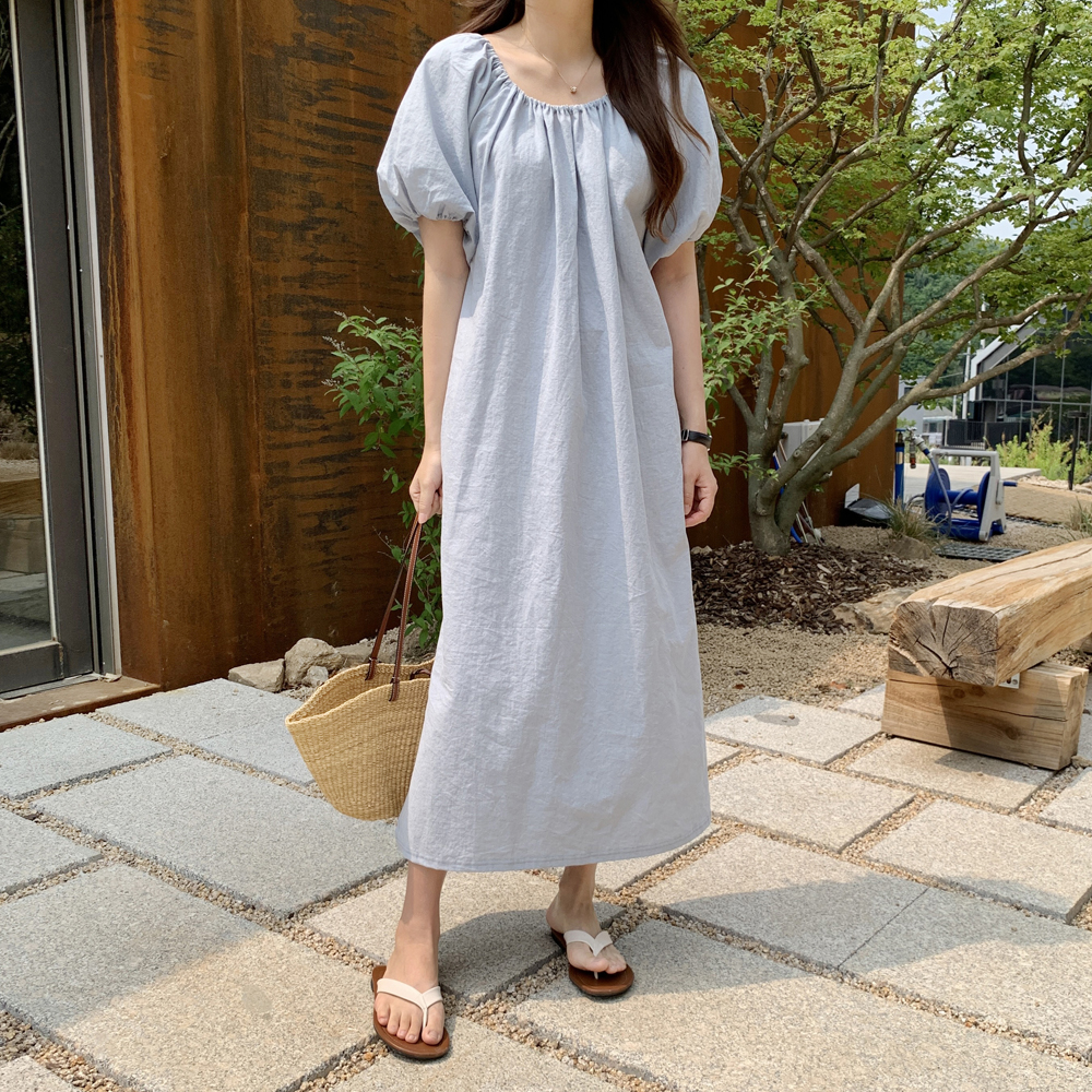 루즈핏 퍼프 셔링 린넨원피스 오프숄더 반팔원피스 벌룬 여성 여름 롱 원피스 빅사이즈 77