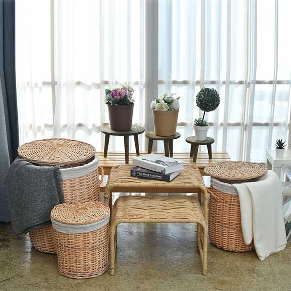 빈티지 원형 라탄바스켓 빨래 세탁 바구니 뚜껑 덮개형 손잡이바구니 다용도 대형 햄퍼SML