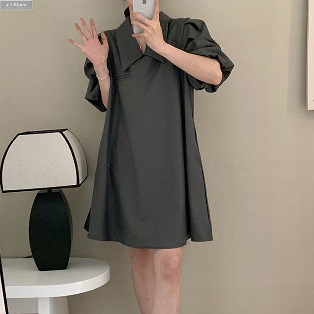 플랫 브이넥 카라 실키 퍼프 루즈핏 미니원피스 2col 여름 아방 베이비돌 셔링 제이플로우 - 상세 이미지 3