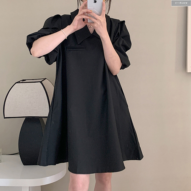 플랫 브이넥 카라 실키 퍼프 루즈핏 미니원피스 2col 여름 아방 베이비돌 셔링 제이플로우 - 상세 이미지 4