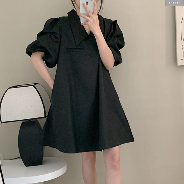 플랫 브이넥 카라 실키 퍼프 루즈핏 미니원피스 2col 여름 아방 베이비돌 셔링 제이플로우 - 상세 이미지 2