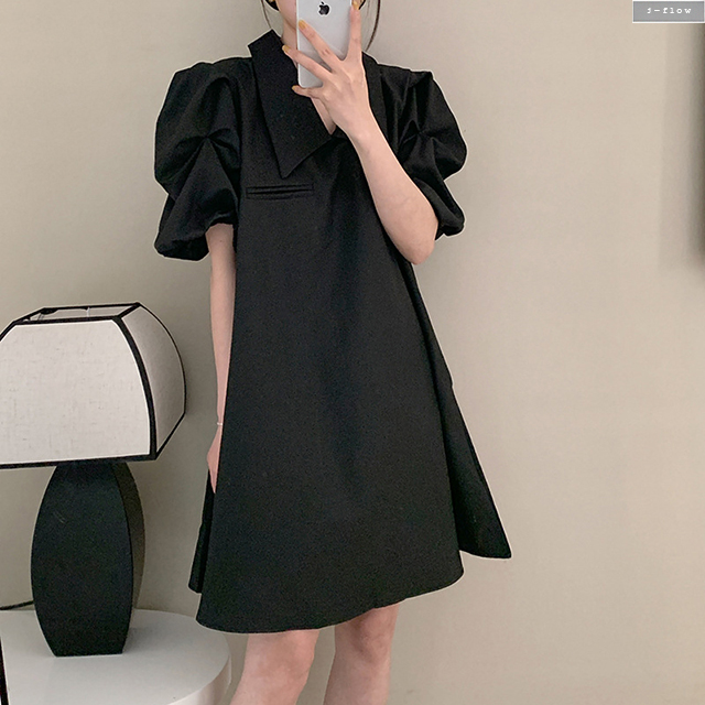 플랫 브이넥 카라 실키 퍼프 루즈핏 미니원피스 2col 여름 아방 베이비돌 셔링 제이플로우 이미지 6