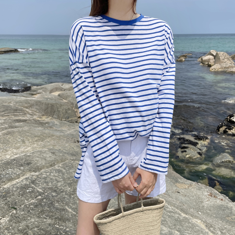 오버핏 코튼 여성 스트라이프 티셔츠 단가라 슬라브 박스티 여자 여름 긴팔티 얇은 빅사이즈 이미지 3