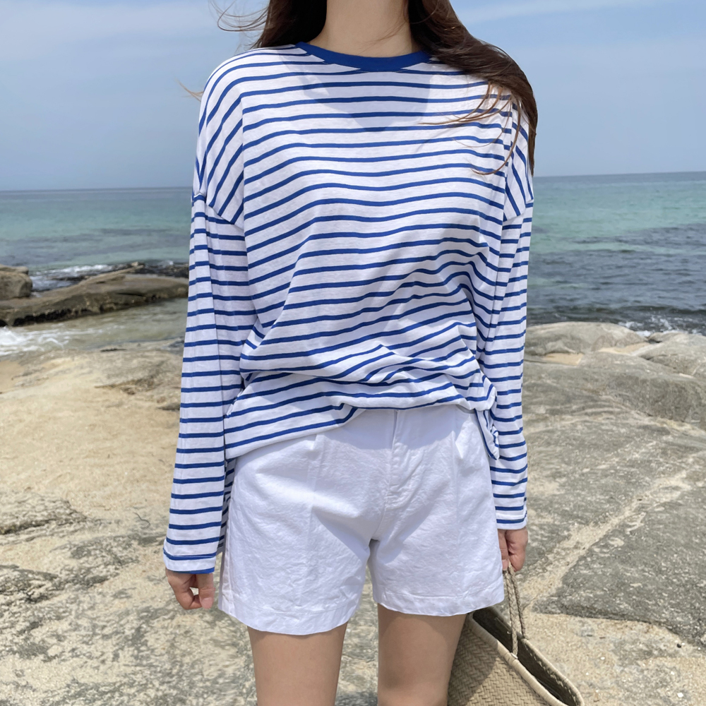 오버핏 코튼 여성 스트라이프 티셔츠 단가라 슬라브 박스티 여자 여름 긴팔티 얇은 빅사이즈 이미지 2