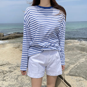오버핏 코튼 여성 스트라이프 티셔츠 단가라 슬라브 박스티 여자 여름 긴팔... 착용 후기 | 사이즈/핏 총정리 - 상품 이미지 2