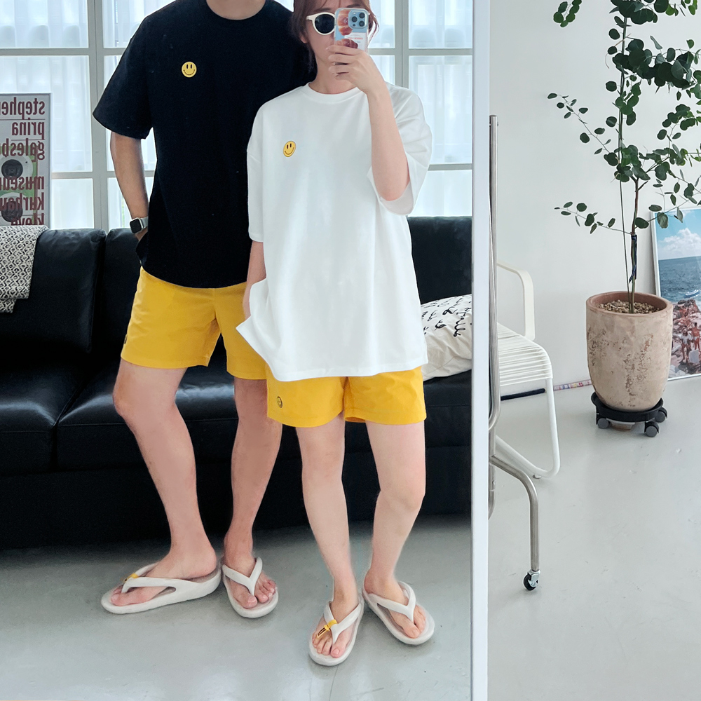 여름 남녀공용 스마일 라운드 반팔 프린팅 레터링 티셔츠 신혼 여행 커플 시밀러룩 상세 이미지 16