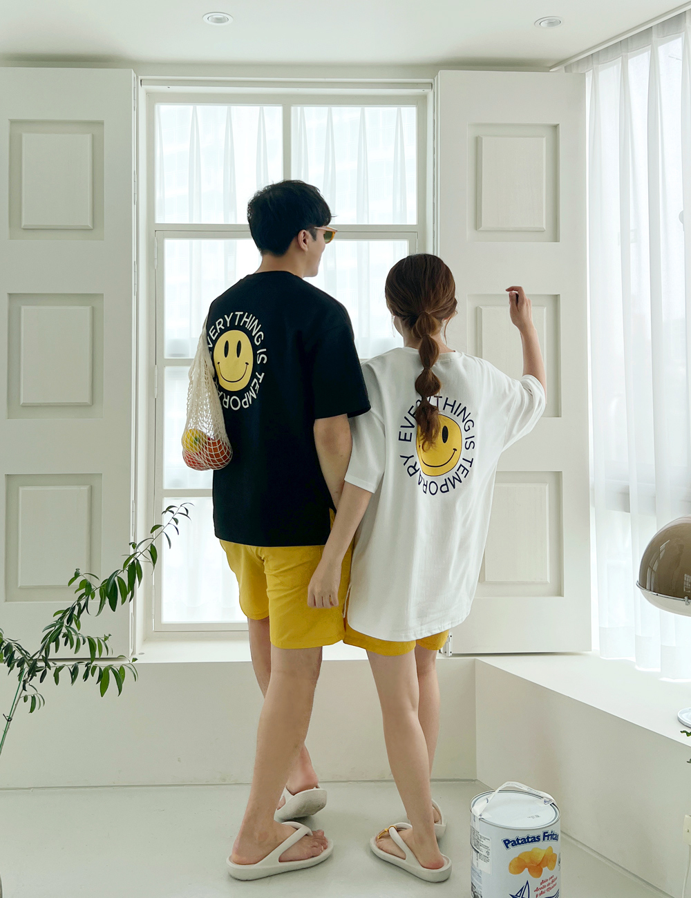 여름 남녀공용 스마일 라운드 반팔 프린팅 레터링 티셔츠 신혼 여행 커플 시밀러룩 상세 이미지 2