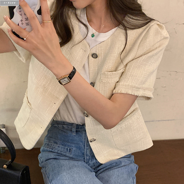 쿠타 수술 트위드 노카라 여름 자켓 2col 크롭 퍼프 하객 모임 앤티크 버튼 제이플로우 - 상세 이미지 2