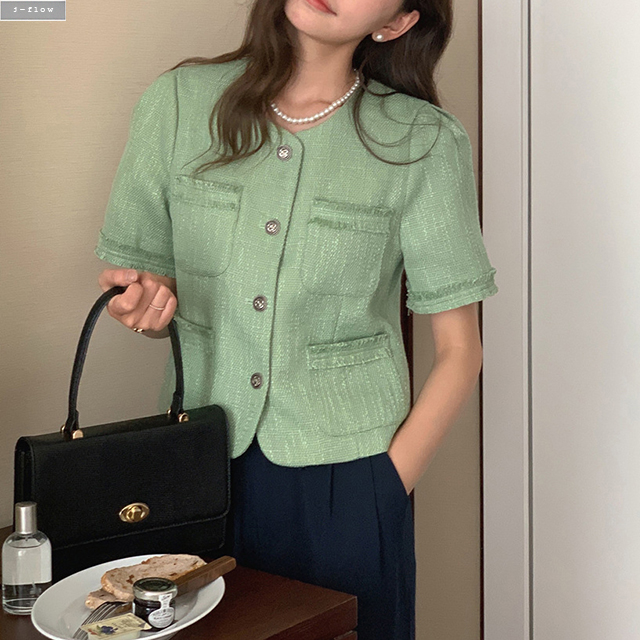 쿠타 수술 트위드 노카라 여름 자켓 2col 크롭 퍼프 하객 모임 앤티크 버튼 제이플로우 이미지 7