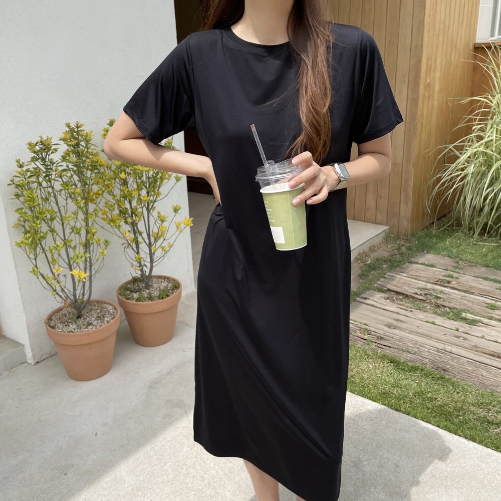 루즈핏 시원한 반팔 냉장고원피스 쿨 노브라 캡내장 쿨링 여성 여름 롱 원피스 블랙 데일리룩