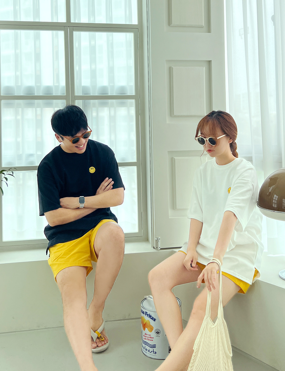 여름 남녀공용 스마일 라운드 반팔 프린팅 레터링 티셔츠 신혼 여행 커플 시밀러룩 상세 이미지 10