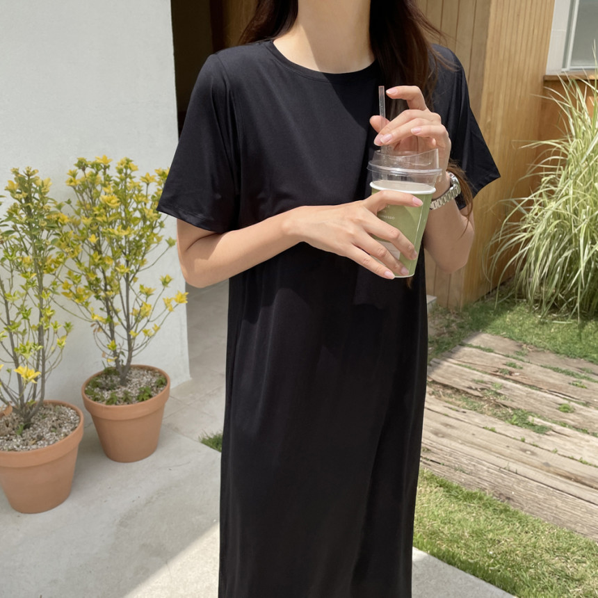 루즈핏 시원한 반팔 냉장고원피스 쿨 노브라 캡내장 쿨링 여성 여름 롱 원피스 블랙 데일리룩