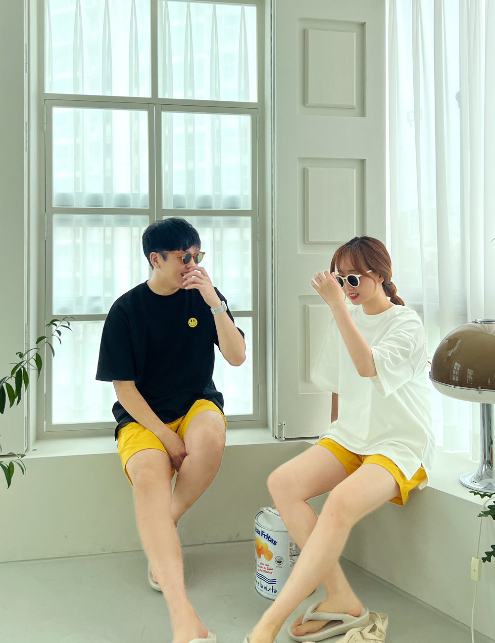 여름 남녀공용 스마일 라운드 반팔 프린팅 레터링 티셔츠 신혼 여행 커플 시밀러룩 상세 이미지 8