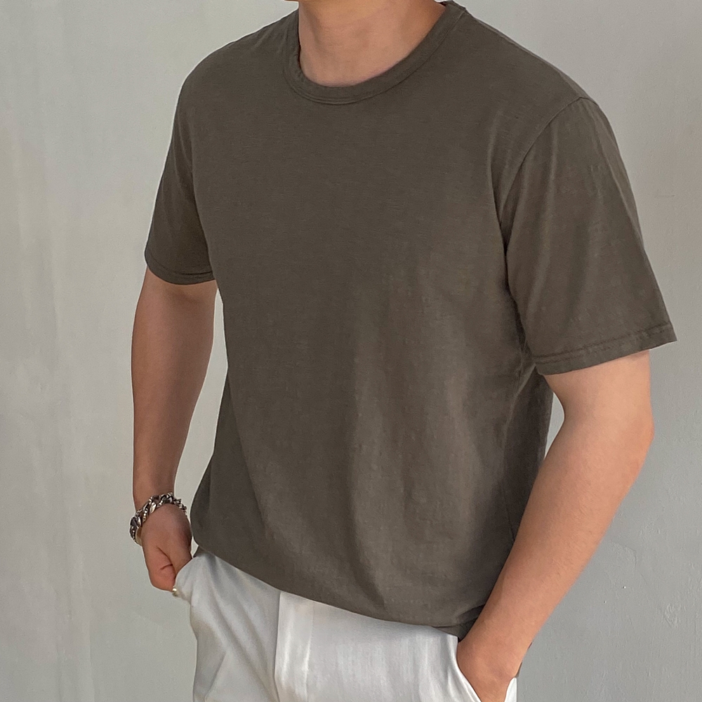 탄탄한 슬라브 워싱 라운드 루즈 남자 반팔 면 티 - 상세 이미지 5