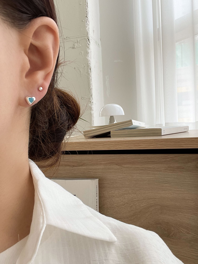셀프러브 하트 원석 이어링 - 925실버 로즈쿼츠 터키석 스터드 미니하트 은침귀걸이 - 상세 이미지 5