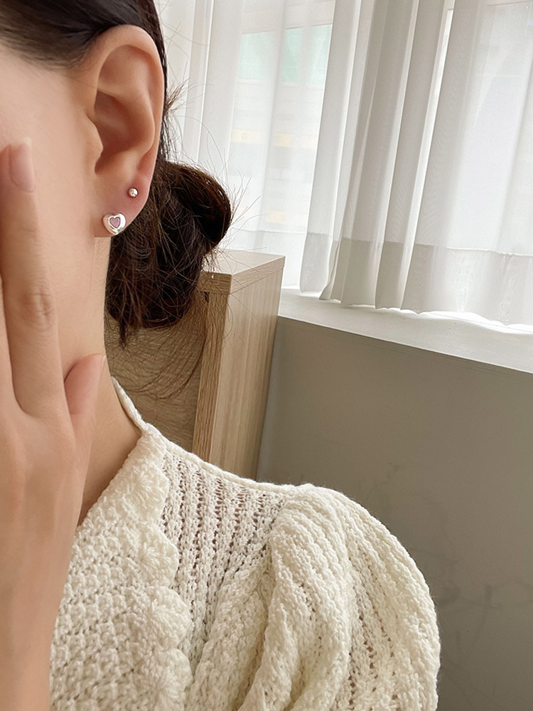 셀프러브 하트 원석 이어링 - 925실버 로즈쿼츠 터키석 스터드 미니하트 은침귀걸이 - 상세 이미지 2
