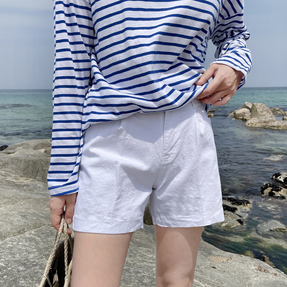 하이웨스트 핀턱 밴딩진 세미와이드 화이트 진 데님 팬츠 여성여름청바지 여성 청반바지 4부 - 상세 이미지 4