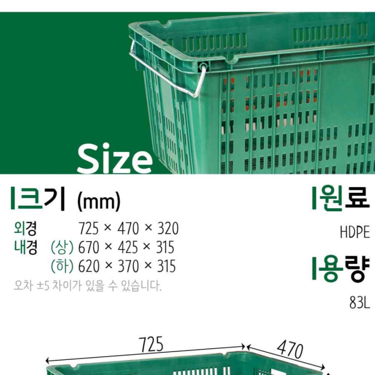 프라스틱 플라스틱 운반 상자 녹색 플라스틱 바구니 손잡이 컨테이너 박스