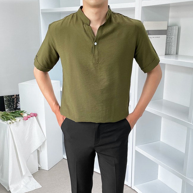 남자 1+1 아이스 쿨링 헨리넥 반팔 데일리 셔츠 블랙 화이트 네이비 카키 - 상세 이미지 4