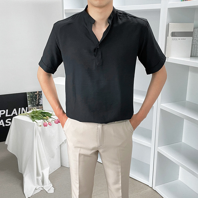 1+1 남자 퍼하 슬림핏 여름 아이스 쿨링 헨리넥 반팔 셔츠 - 상세 이미지 4