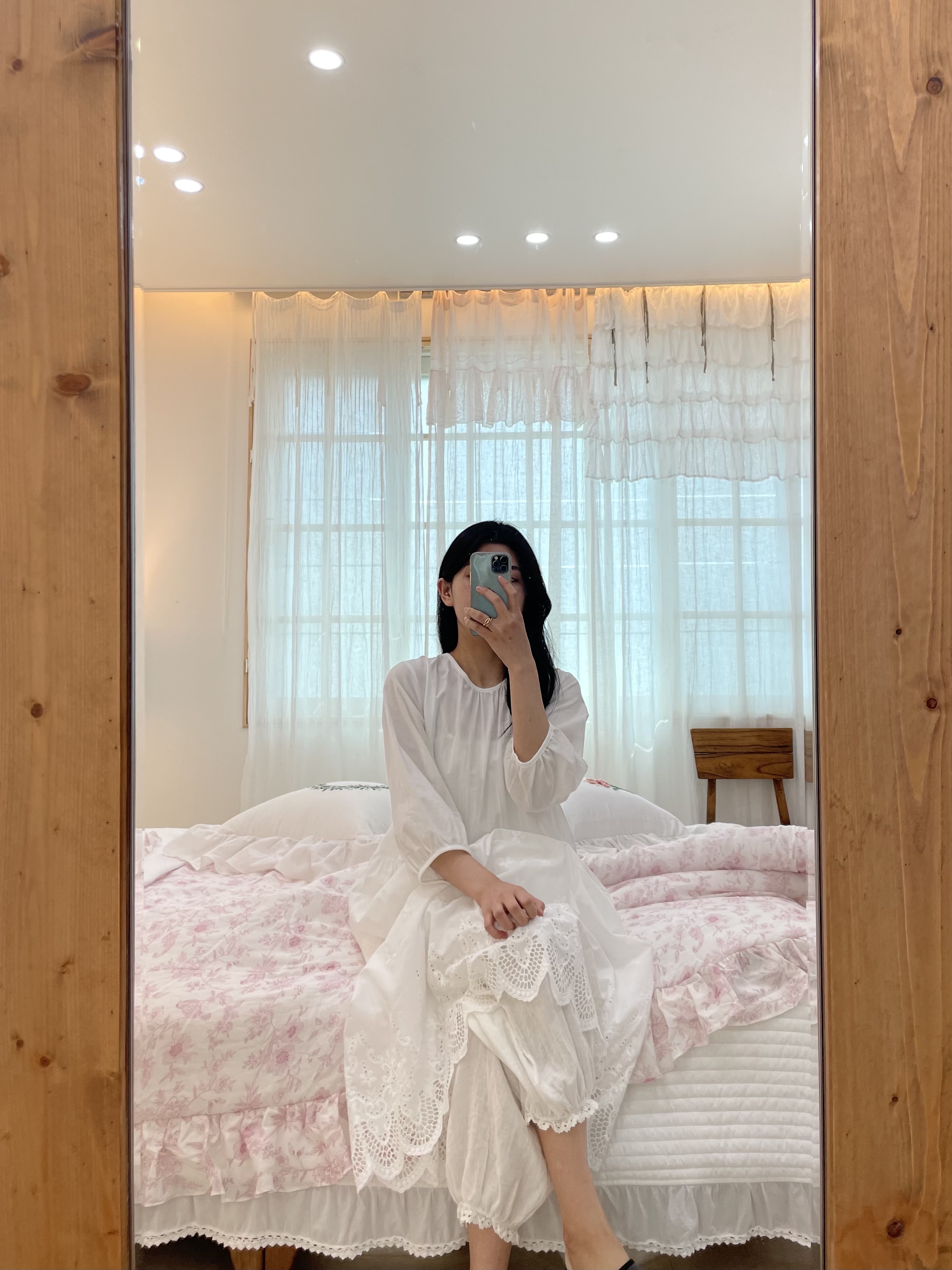 면60수 국산 펀칭레이스 원피스 반팔 7부 속치마 겸용 레이어드 원피스 - 상품 이미지