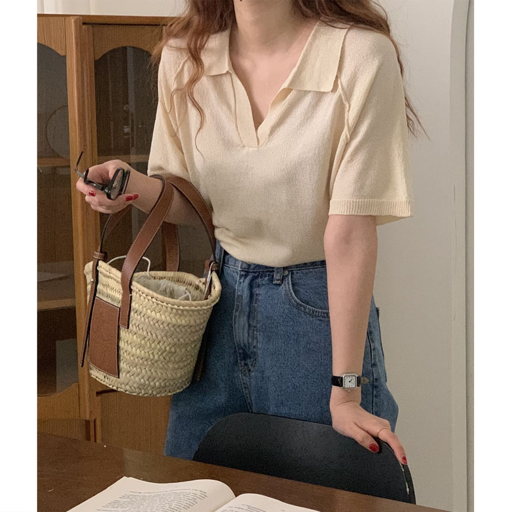 오버무드 여성 브이넥 오픈 카라 노버큰 루즈핏 베이직 컬러 하프 반팔 니트 5color