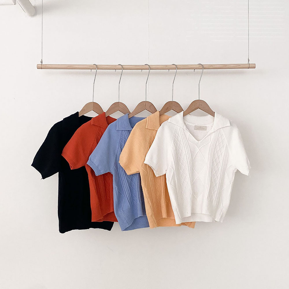 (인기 재진행) 오버무드 여성 브이넥 오픈 카라 노버큰 꽈베기 컬러 숏 반팔 니트 5color - 상세 이미지 2