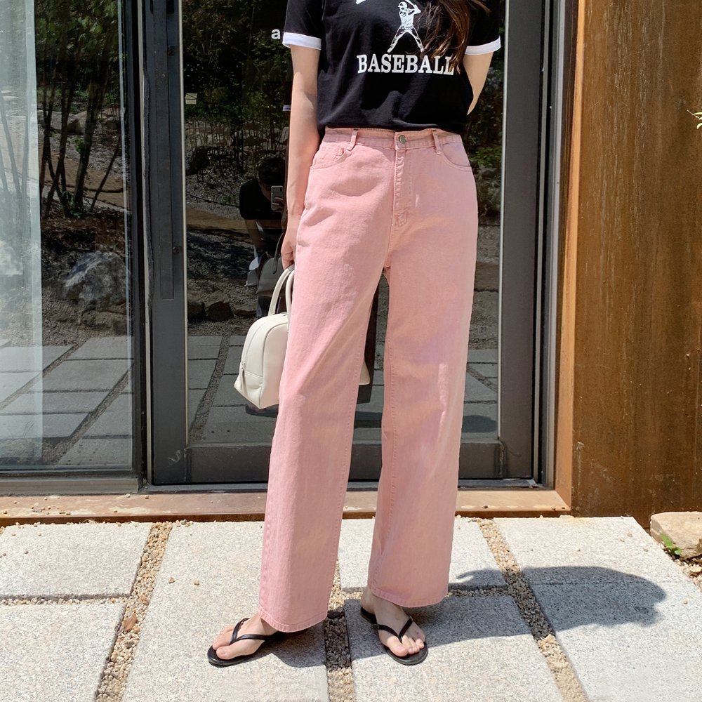 하이웨스트 코튼 세미 여성 와이드팬츠 일자팬츠 핑크바지 여자 면바지 통바지 - 상세 이미지 4