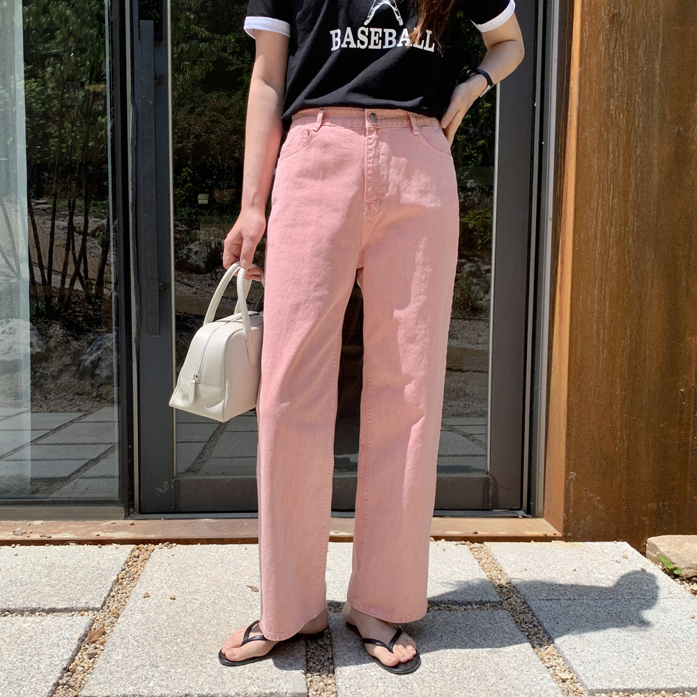 하이웨스트 코튼 세미 여성 와이드팬츠 일자팬츠 핑크바지 여자 면바지 통바지