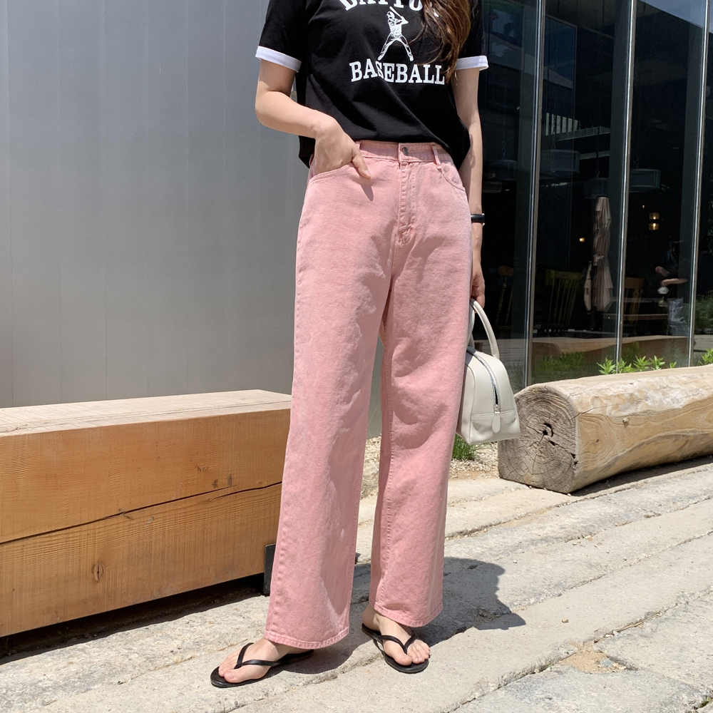 하이웨스트 코튼 세미 여성 와이드팬츠 일자팬츠 핑크바지 여자 면바지 통바지 - 상세 이미지 5